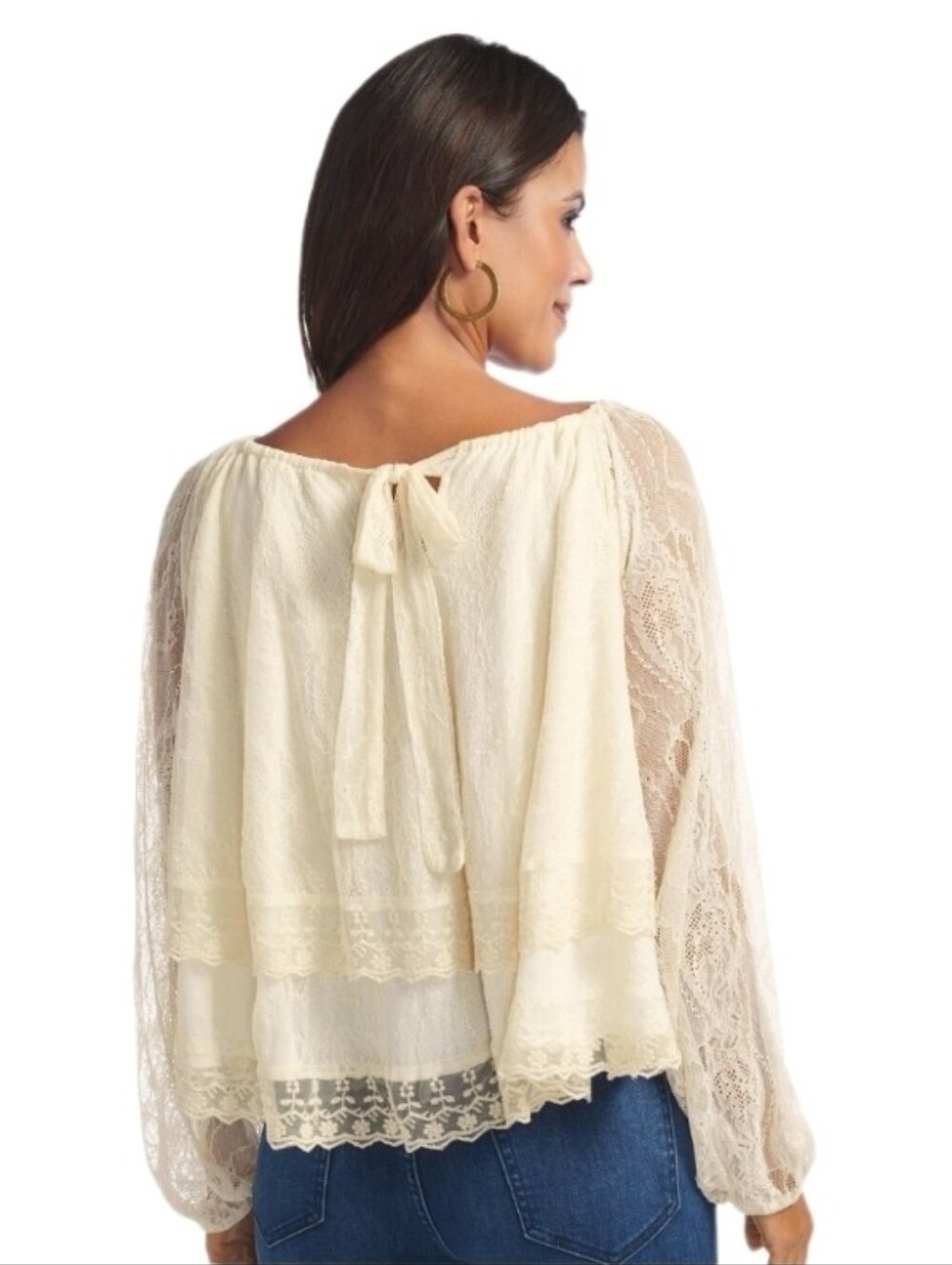 Masseys Top Tiered Lace Peasant Blouse Cream Size M - Picture 9 of 12
